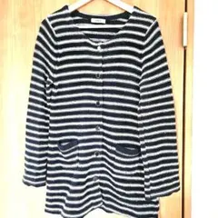 【美品】ノーカラー　ホワイト　ネイビー　ボーダー　カラフル　ジャケット　LL