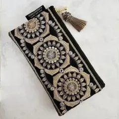 インド刺繍リボンファスナーポーチ　マルチポーチ　メガネケース　16㎝ファスナー