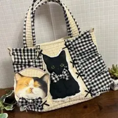 黒ねこパネル生地×コヤンイサムチョン♡ヌビバッグ♡フリルバッグ♡ハンドメイド