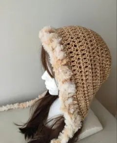 フード帽　バラクラバ　ボンネット　ファー　カフェオレ　 小顔効果