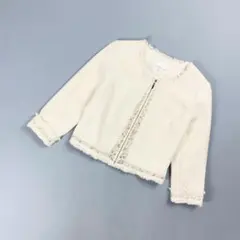 エムプルミエ フルジップノーカラージャケット フリンジ 刺繍 白36*KD104