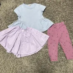 petit main服3点セット 水色トップス・紫キュロット・花柄ボトムス