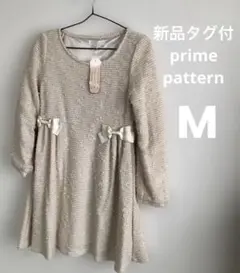 新品タグ付き！プライムパターンリボン付き 長袖ミニワンピース ピンクM