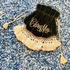 ChangMee ベルベット 巾着ポーチ　ダークグリーン　パーティー