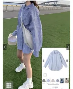 グレイル　ストライプビッグシャツ　ブルー　コットン100のサムネイル