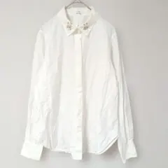 MONSTYLE ホワイト長袖シャツ ビジュー付き 可愛い キレイめ