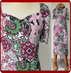 古着♪レトロ調・紫モダン柄ロングタイトワンピ♪70年代60年代衣装個性的卸