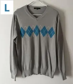 Rhythm of Life グレー セーター L アーガイル柄　薄手　Vネック
