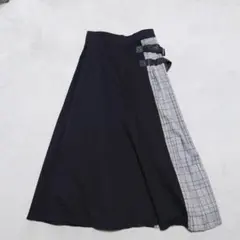 C3-4251　フレアスカート　ロング丈　切替チェック　サイドベルト　M