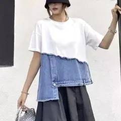 デニム切替カットソー　コットン　異素材デニムドッキングTシャツ
