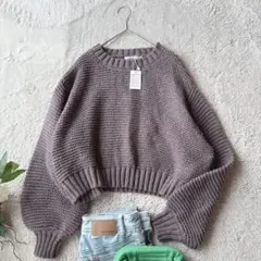 新品(F)美品/未使用/ローゲージニット/長袖セーター/ざっくり/クロップド