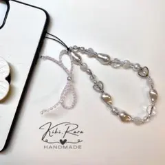 ビーズストラップ　ハート　パール　リボン#31