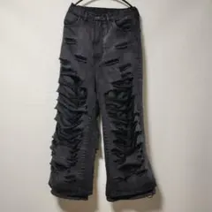 【GRANCY】スウェット ドッキングデザイン ダメージバギーデニムパンツ S