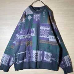 ヴィンテージ デザインニット L 総柄 くすみカラー ゆるだぼ 希少レア 古着