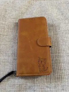 iPhone X 猫イラスト付き手帳型ケース ブラウン