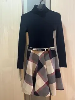 ブルーレーベルクレストブリッジ　ニット切替　ワンピース　チェック柄　ひざ丈　36