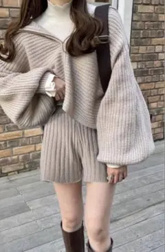 ビッグカラージップカーディガン×ショートパンツニットセットアップ［mb1471]