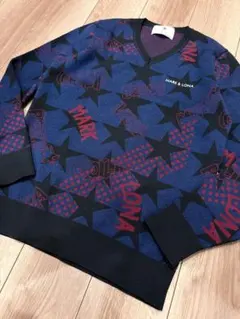 マーク＆ロナ スター総柄 スカル&ボーン ラメ入り Vネックセーター M