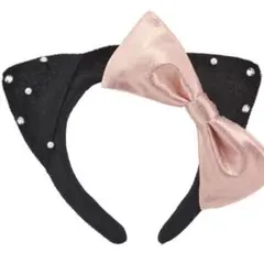 キティ カチューシャ USJ ユニバ 黒 ピンク リボン パール ベロア