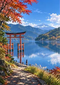 【イラスト】紅葉の鳥居と富士山 アートポスター
