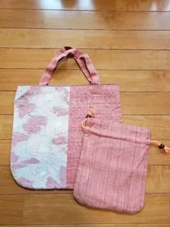 紬　着物リメイク　バッグ　巾着セットのサムネイル
