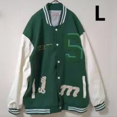 【L】ルーズシルエット サガラ刺繍 ビッグワッペン PU切替 スタジャン