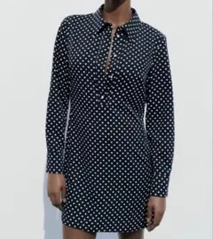 【美品】Zara ドット柄 長袖 ミニ シャツワンピース ネイビー M