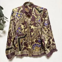 最高級】シルク100%×裏地キュプラ極美品 絹 総柄ジャケット 茶 近鉄 