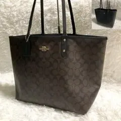 コーチ　トートバッグ　リバーシブル　黒　シグネチャー　レザー　A4収納可　大容量