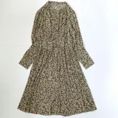 ユナイテッドアローズ ノーカラーシャツワンピース 長袖 花柄 ブラウン イエロー