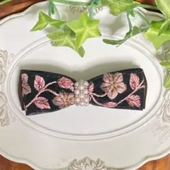 インド刺繍リボン　バレッタ　黒×ピンク