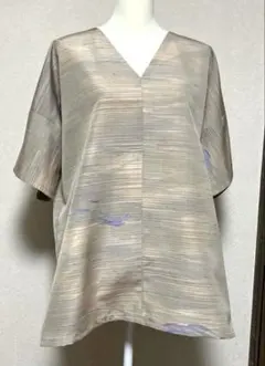 着物リメイク ベージュ系Vネックゆったりチュニック