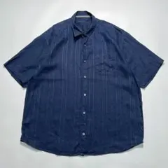 トミーバハマ 半袖リネンシャツ XL 紺 ネイビー 麻 ジャガード ○8359のサムネイル