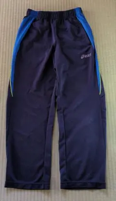 asics ジャージパンツ 黒/青 サイドストライプ