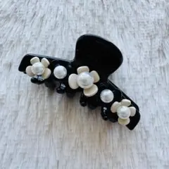 ブラック ヘアクリップ 髪留め バンスクリップ パール 花 アセテート 高品質
