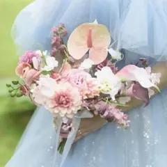 ウエディングブーケ　ブートニアセット　アーティシャルフラワー　胡蝶蘭　ピンク系