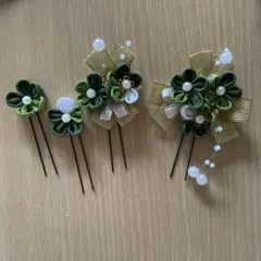 つまみ細工髪飾りUピンセット深緑　七五三　成人式　浴衣　和装