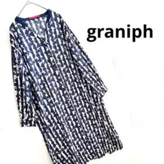 【極美品】グラニフ シャツワンピース 総柄 花柄 ストライプ ネイビー F 綿