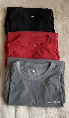 3枚セット モンベル シャミースラウンドネックシャツMen's赤のみ少汚