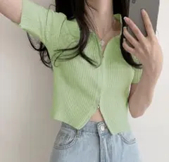 ダブルジップ　Tシャツ　シャツ風　襟付　半袖　トップス