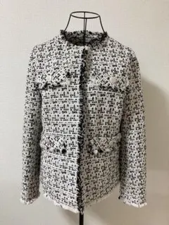 ツイードジャケット9号M 白黒 フリンジ セレモニー 入学式 卒業式 ノーカラー