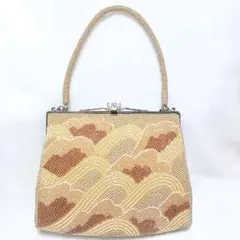 和風 ビーズ がま口 ハンド バッグ ベージュ系 着物
