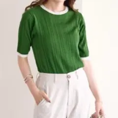 Discoat ディスコート　配色リブ半袖プルオーバー 五分袖ニット　M