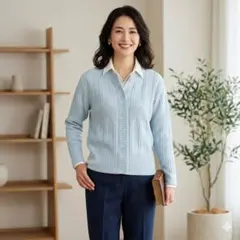 【美品】毛100% ケーブルニットカーディガン 春 羽織り ライトブルー　L