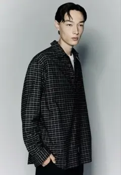 H&Mメンズ/ルーズフィット フランネルシャツ#ブラック＋ホワイト　チェック