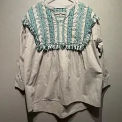 コットン長袖シャツ ターコイズ刺繍