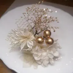 ドライフラワー髪飾り　成人式　結婚式　七五三　発表会　リボン　白