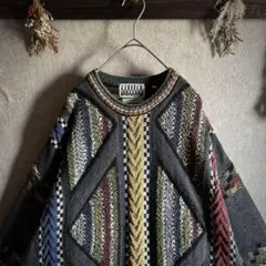 ニット 3D 総柄 イタリア製 ウール Lサイズ ゆるだぼ 太アーム