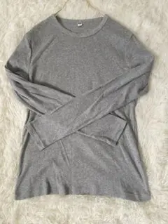 UNIQLO リブクルーネック長袖Tシャツ グレー L 綿混ストレッチのサムネイル