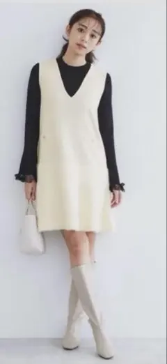 フェザー切り替えニット　ジャンパースカート【洗濯機洗い可】